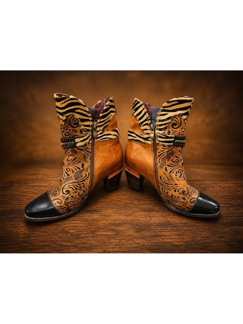 New SOCOFY Boho Zebra Embossed Leather Boots Women’s Size 41